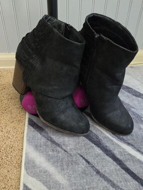 Fergalicious Black Suede-Look Ankle Booties with Stacked Heel